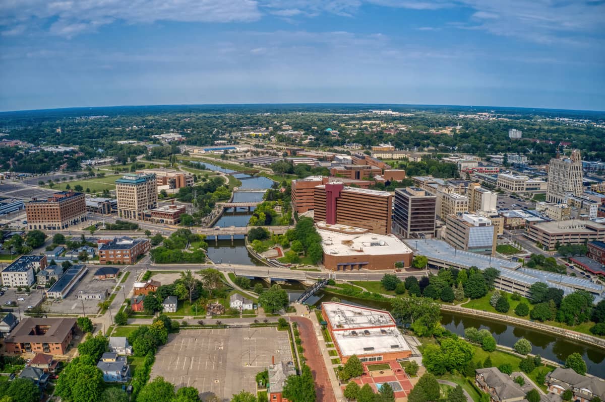 Aerial view of downtown Flint, Michigan and the Flint River